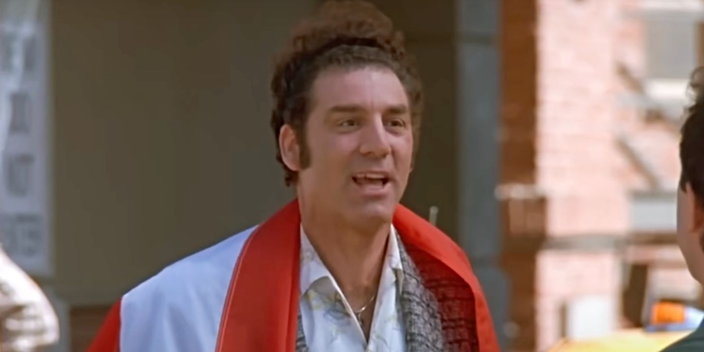 Michael Richards as Kramer, wearing a Puerto Rican flag around his shoulders on Seinfeld