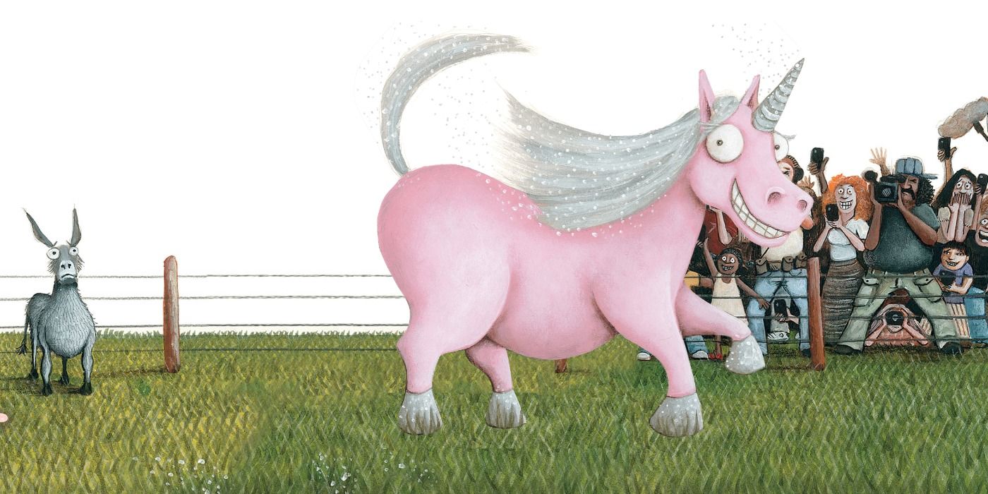 Thelma dancing for a crowd in the 'Thelma the Unicorn' book