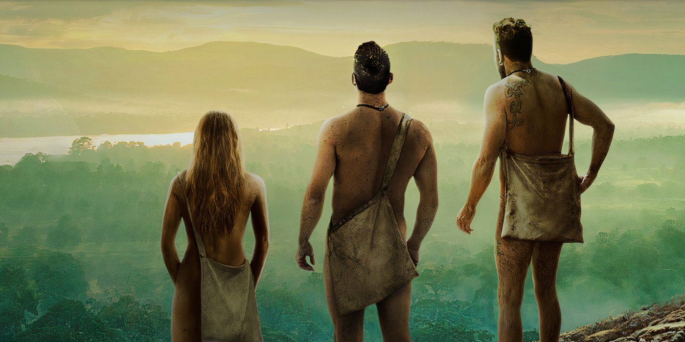 Three people staring into the wilderness in a 'Naked and Afraid XL' promo.