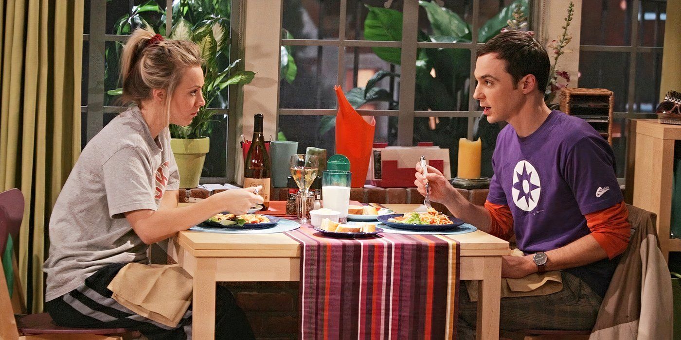 Sheldon (Jim Parsons) and Penny (Kaley Cuoco) sitting at Penny's table eating dinner on The Big Bang Theory