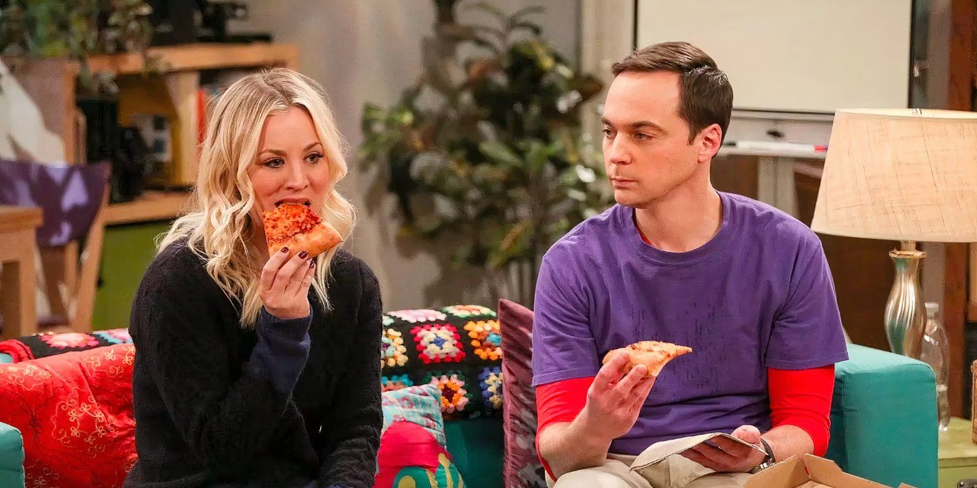 Penny (Kaley Cuoco) and Sheldon (Jim Parsons) sitting on Penny's couch eating pizza on The Big Bang Theory