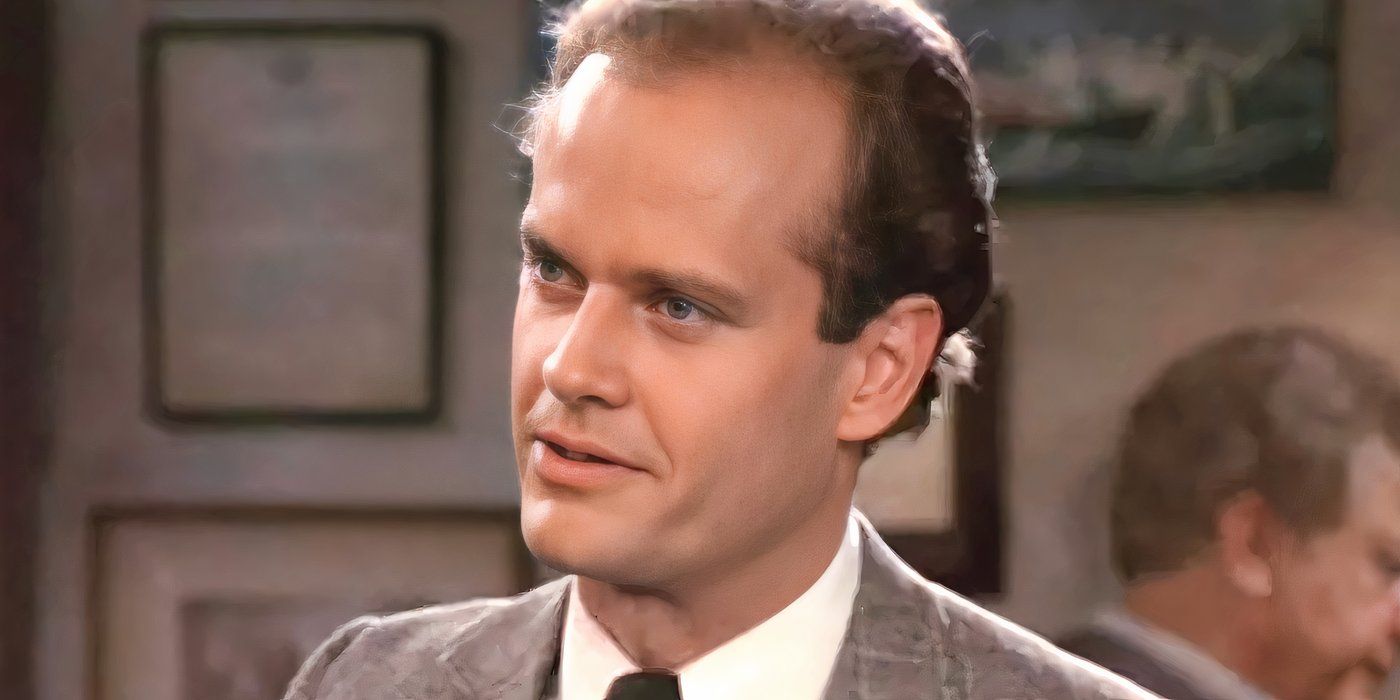 Close-up of Kelsey Grammer as Frasier Crane, wearing a suit on Cheers