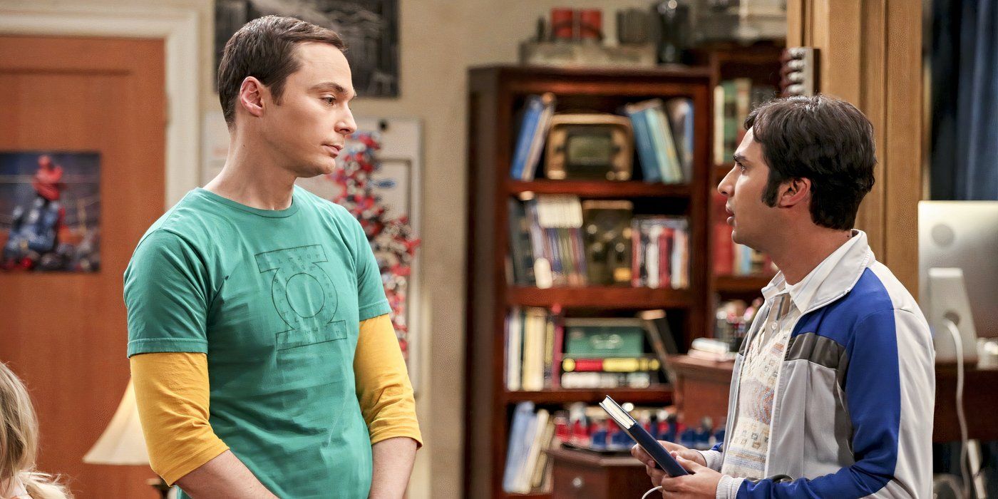 Sheldon (Jim Parsons) and Raj (Kunal Nayyar) standing in the apartment and looking at each other in The Big Bang Theory