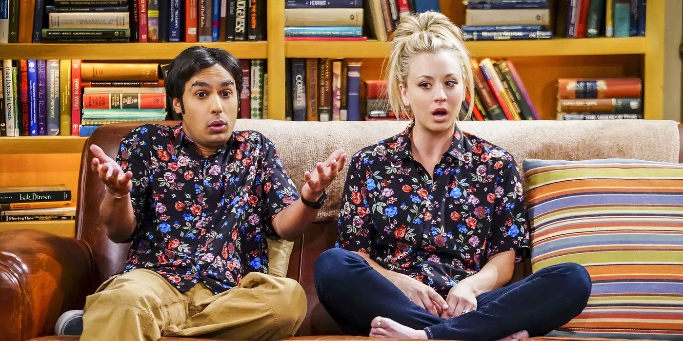 Raj (Kunal Nayyar) and Penny (Kaley Cuoco) wearing floral shirts, sitting on the couch, and looking shocked on The Big Bang Theory