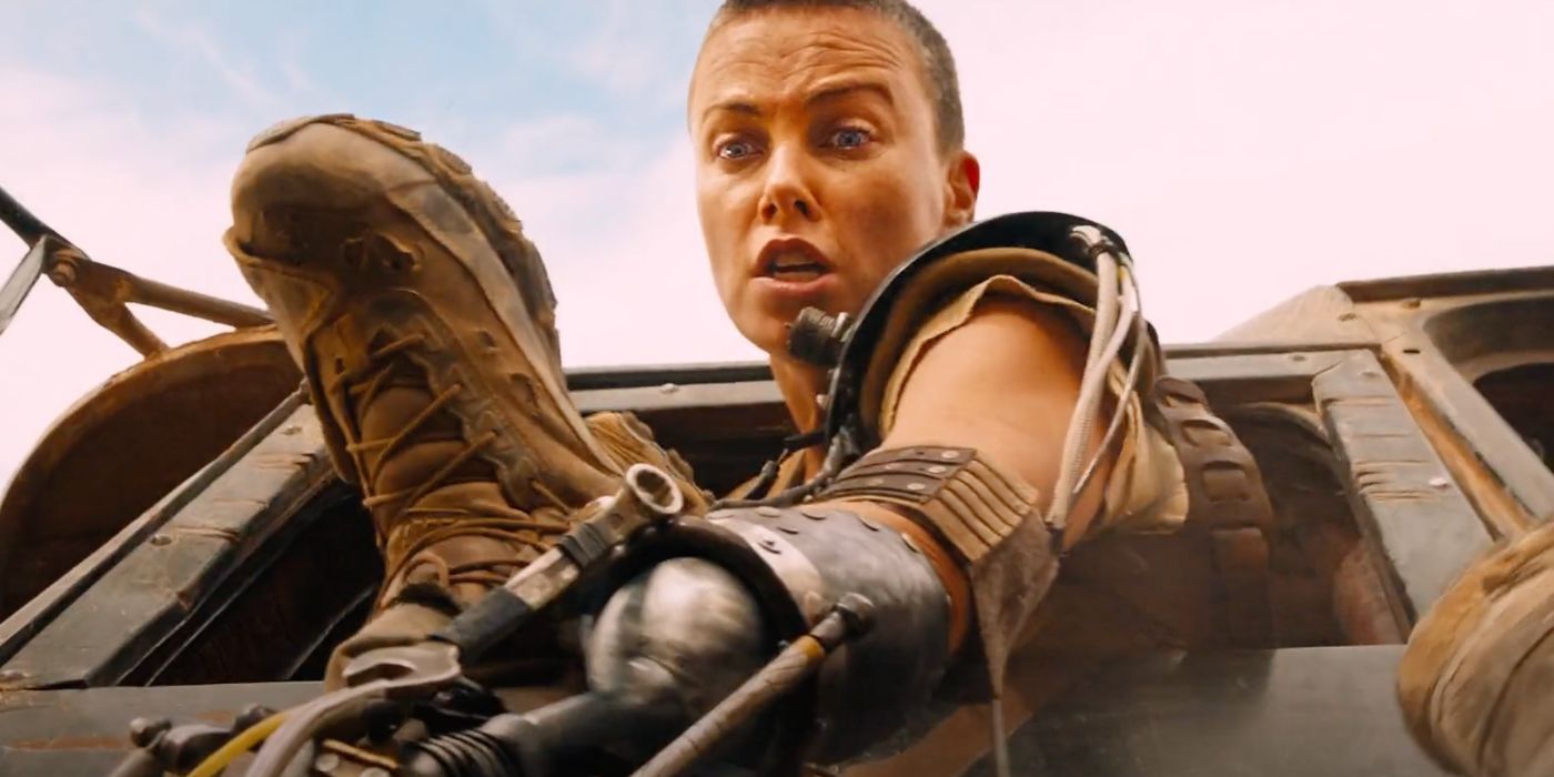 Furiosa (Charlize Theron) in the finale of Mad Max: Fury Road (2015).
