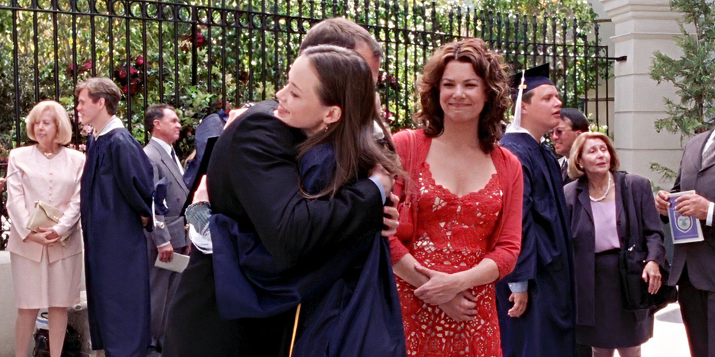 Alexis Bledel & Scott Patterson hug at graduation with Lauren Graham watching and smiling on Gilmore Girls