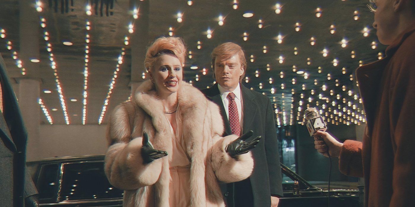 Maria Bakalova as Ivana Trump and Sebastian Stan as Donald Trump in 