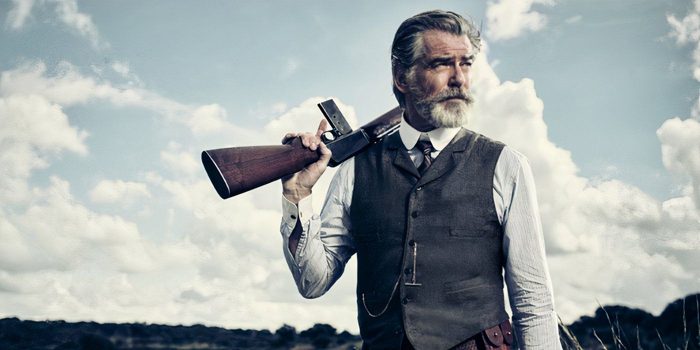 Pierce Brosnan as Eli McCullough holding a rifle and wearing a vest outside in 'The Son'