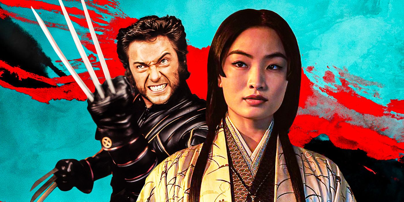 A custom image of Hugh Jackman's Wolverine stabbing forward with his claws and Shogun's Lady Mariko (Anna Sawai) looking ahead