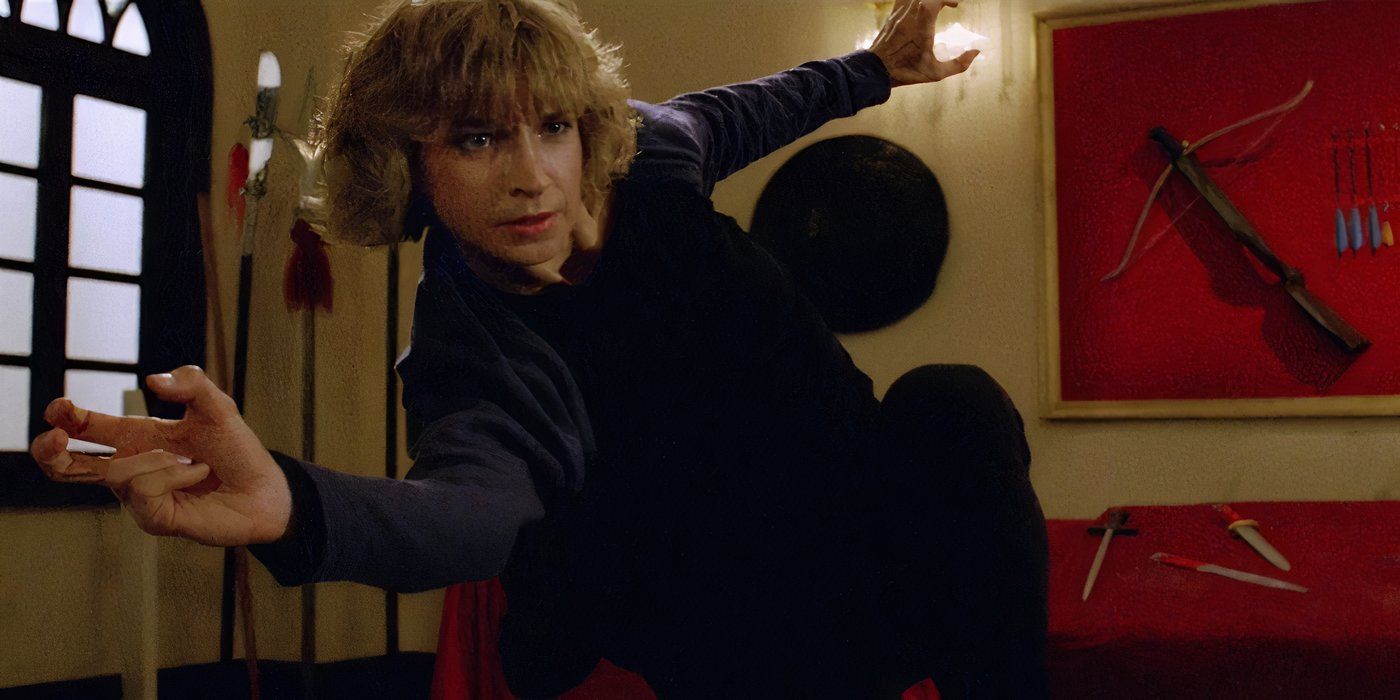 Cynthia Rothrock posing mid-fight in The Inspector Wears Skirts