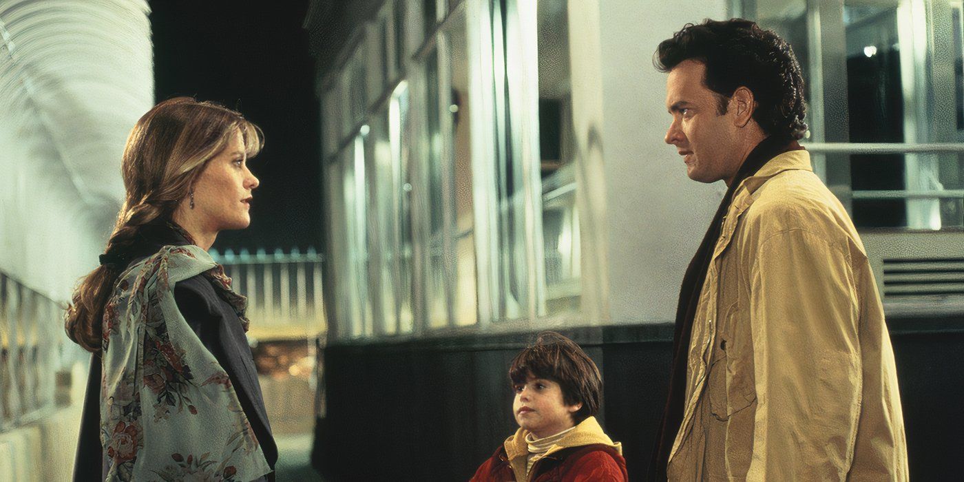 Meg Ryan and Tom Hanks standing outside looking at one another, a young boy beside Hanks in the movie Sleepless in Seattle.