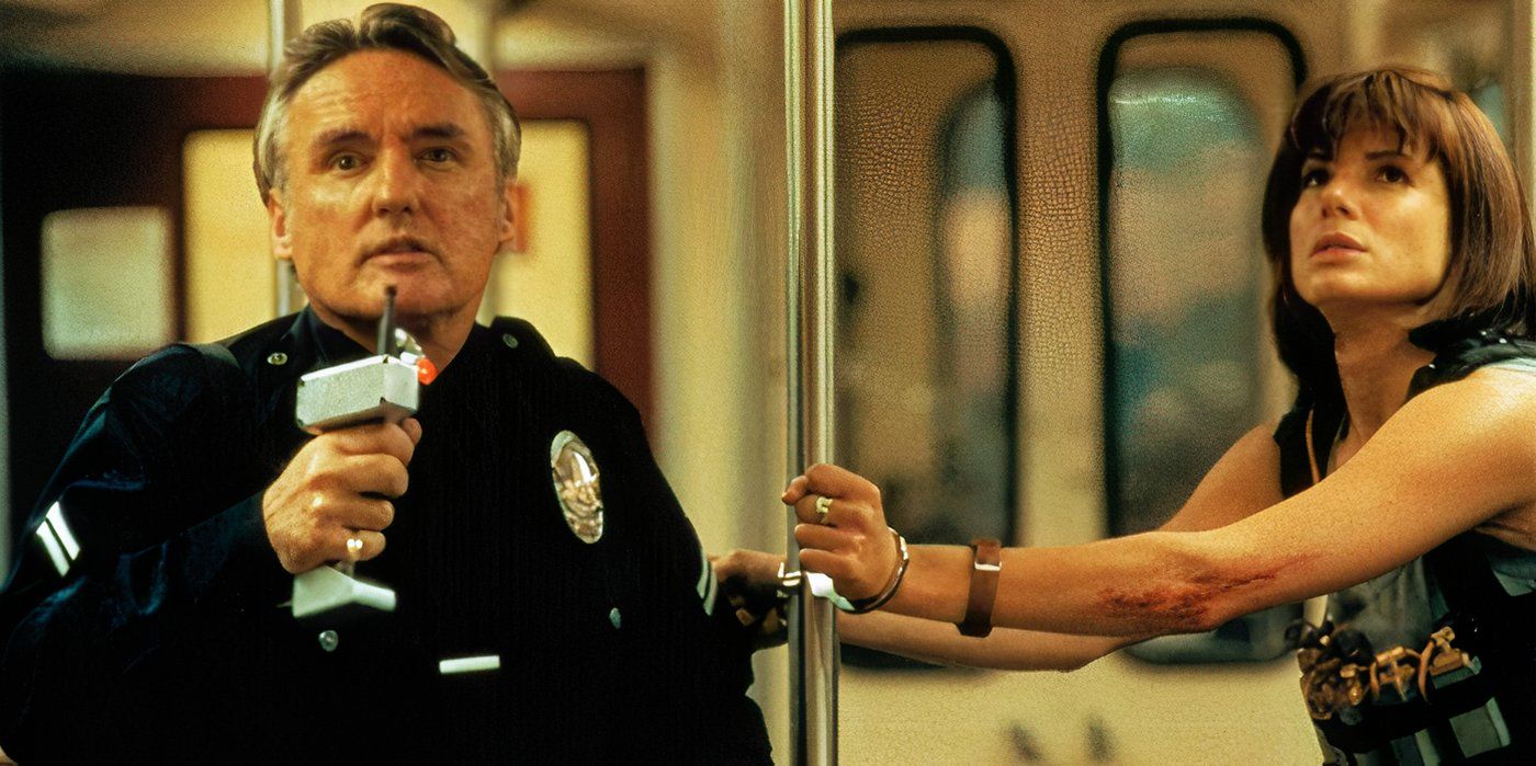 Dennis Hopper holds Sandra Bullock hostage on a subway in 'Speed'