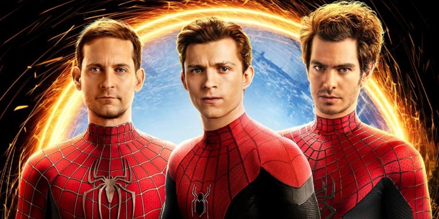 Tobey Maguire, Andrew Garfield, and Tom Holland in promotion for Spider-Man: No Way Home