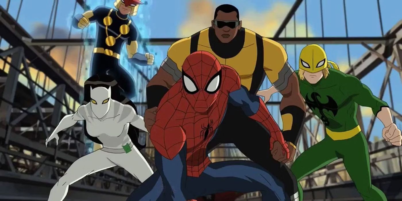 Spider-Man standing with Luke Cage, White Tiger, Nova and Iron Fist in Ultimate Spider-Man