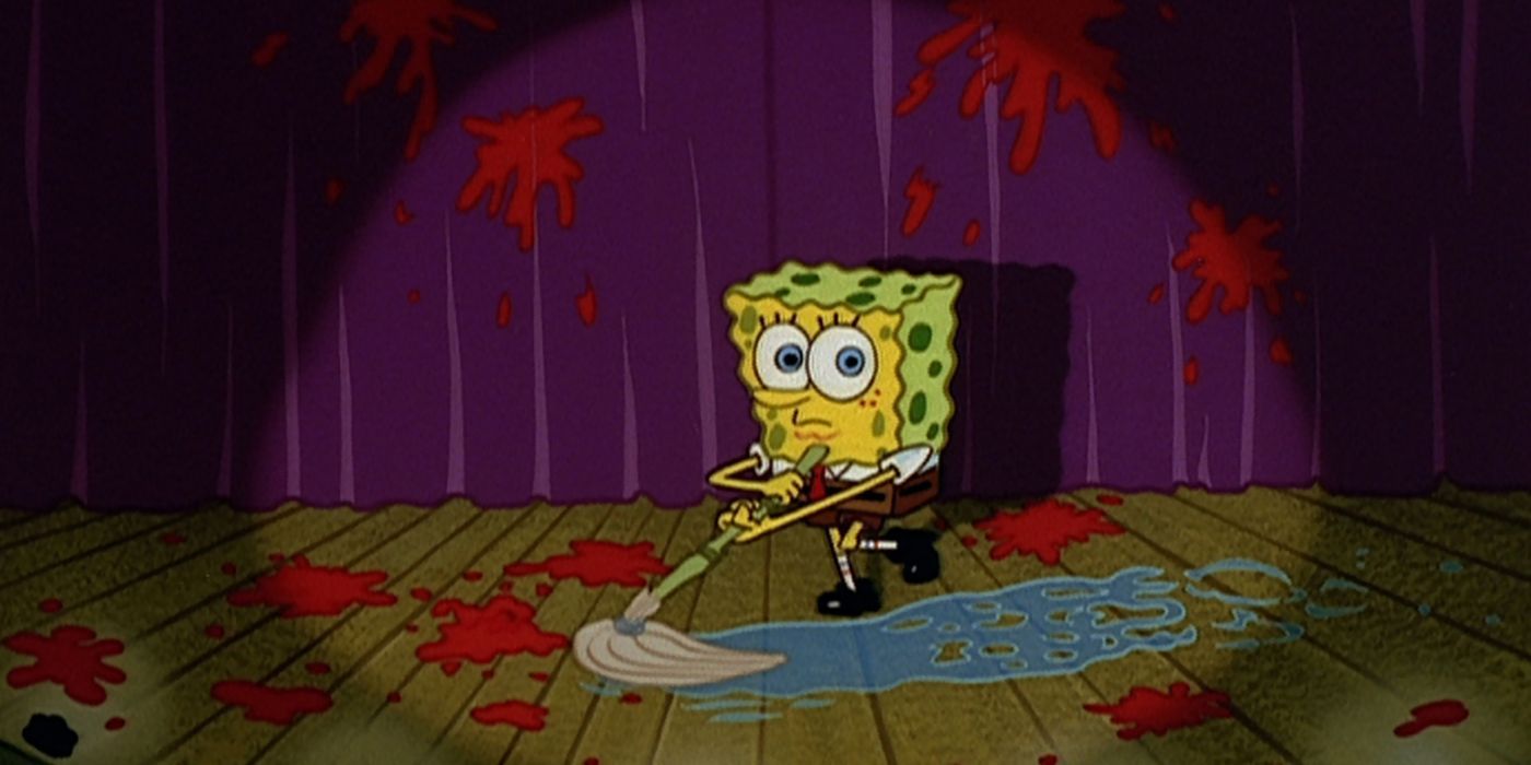 SpongeBob mopping up some thrown tomatoes on stage in SpongeBob SquarePants