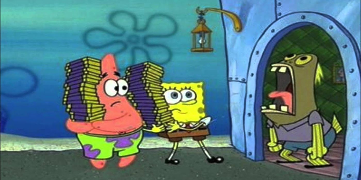 SpongeBob and Patrick holding a pile of chocolate bars while a fish-man yells in excitement.