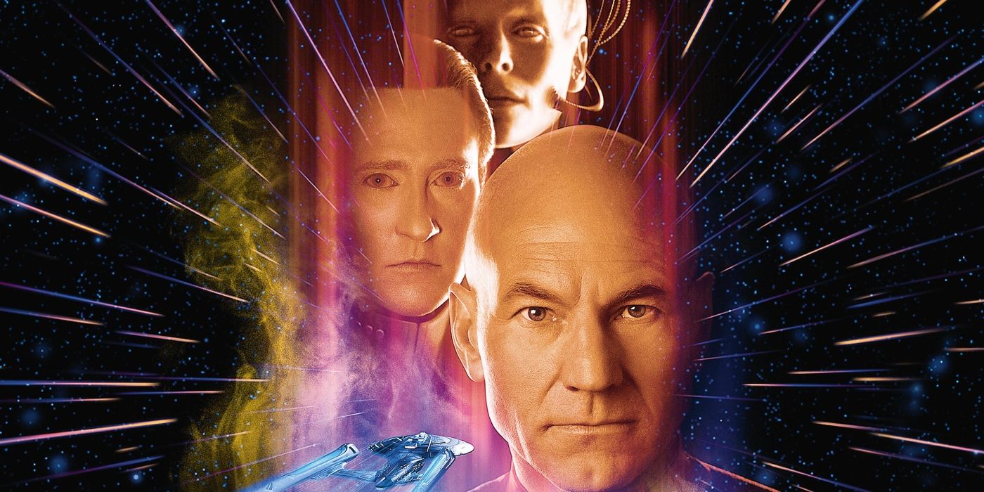 A poster for Star Trek: First Contact featuring Picard, Data, and the Borg Queen