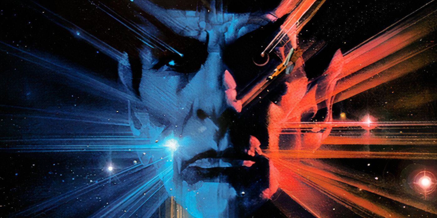 Leonard Nimoy on the poster for the search for spock with red and blue light coming from his face
