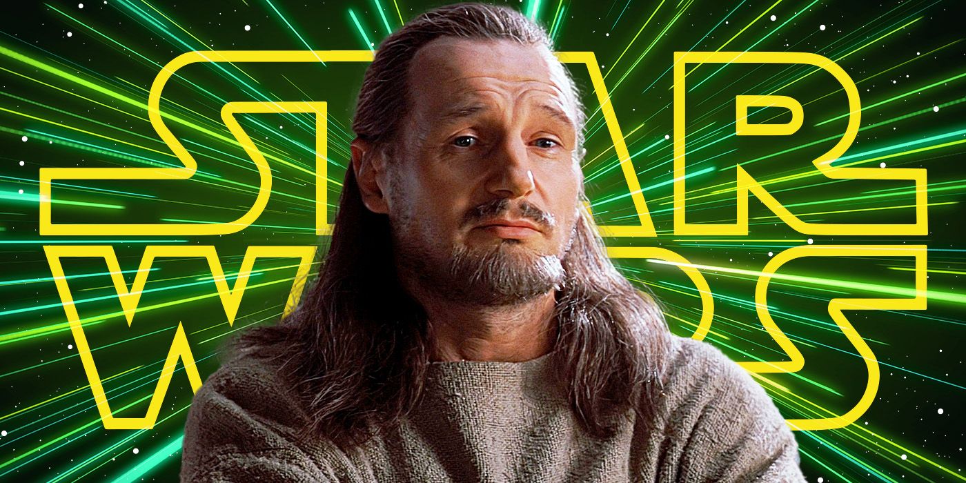 Liam Neeson as Qui-Gon Jinn in front of a Star Wars logo in Star Wars: Episode I — The Phantom Menace