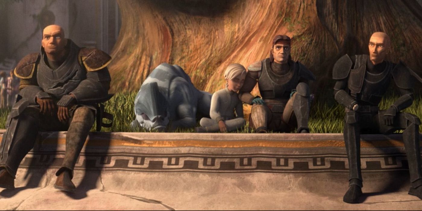 Omega (Michelle Ang) with Hunter, Wrecker, and Crosshair (Dee Bradley Baker) in Pabu in Star Wars: The Bad Batch