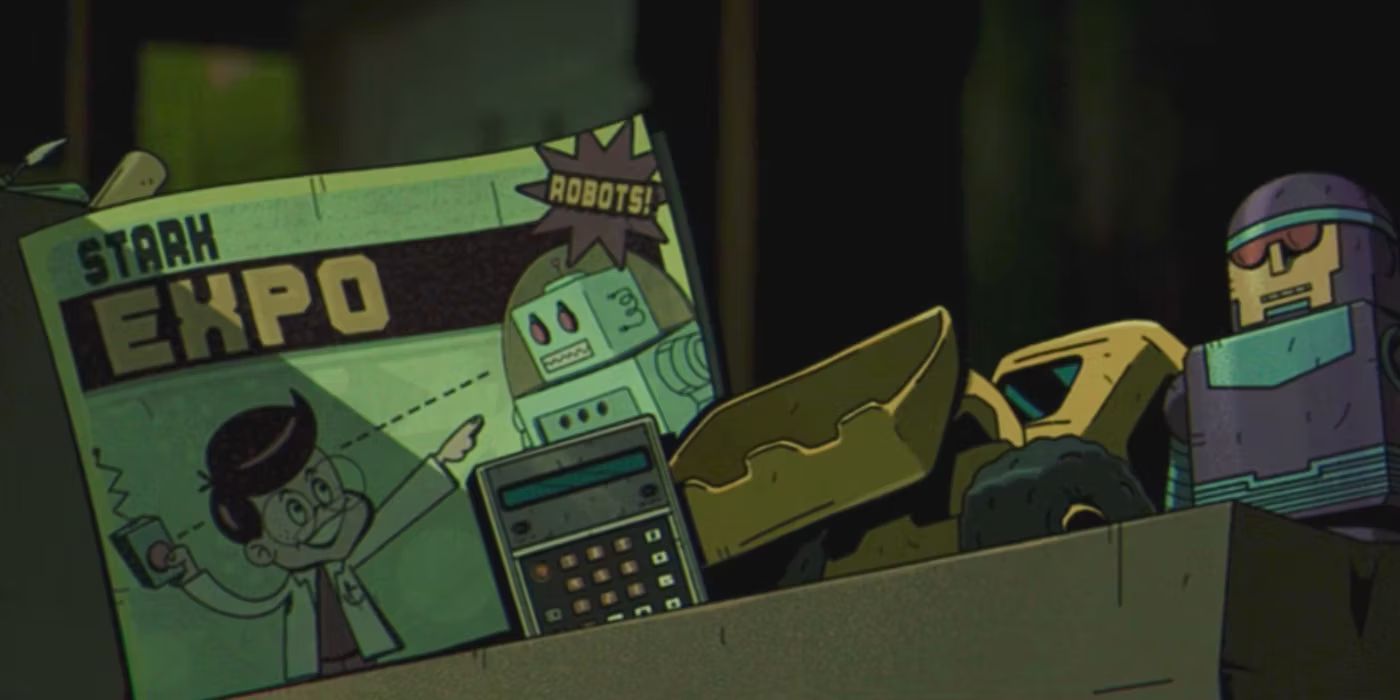 Una caja de cartón que contiene un anuncio de Stark Expo en “X-MEN 97”