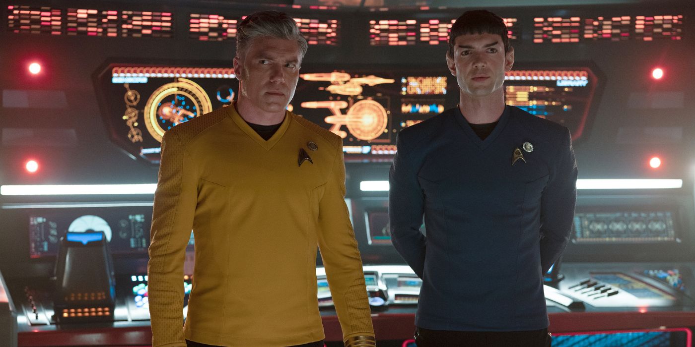 Pike and Spock standing on the bridge in the Star Trek: Strange New Worlds episode "Memento Mori"