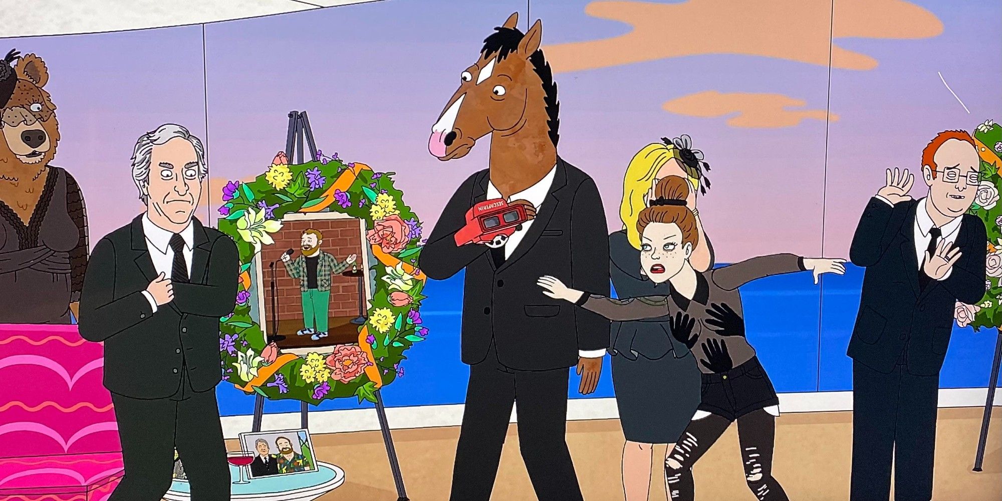 Bojack, Henry Winkler, Sarah Lynn, Joelle, Bradley, and Tina in Bojack Horseman at Herb's funeral