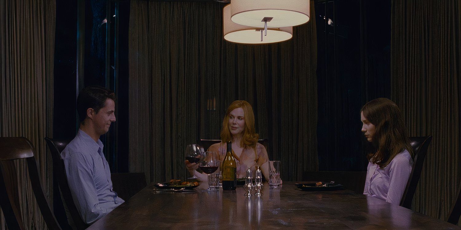 From left to right Matthew Goode, Nicole Kidman, and Mia Wasikowska in a dinner scene from Stoker