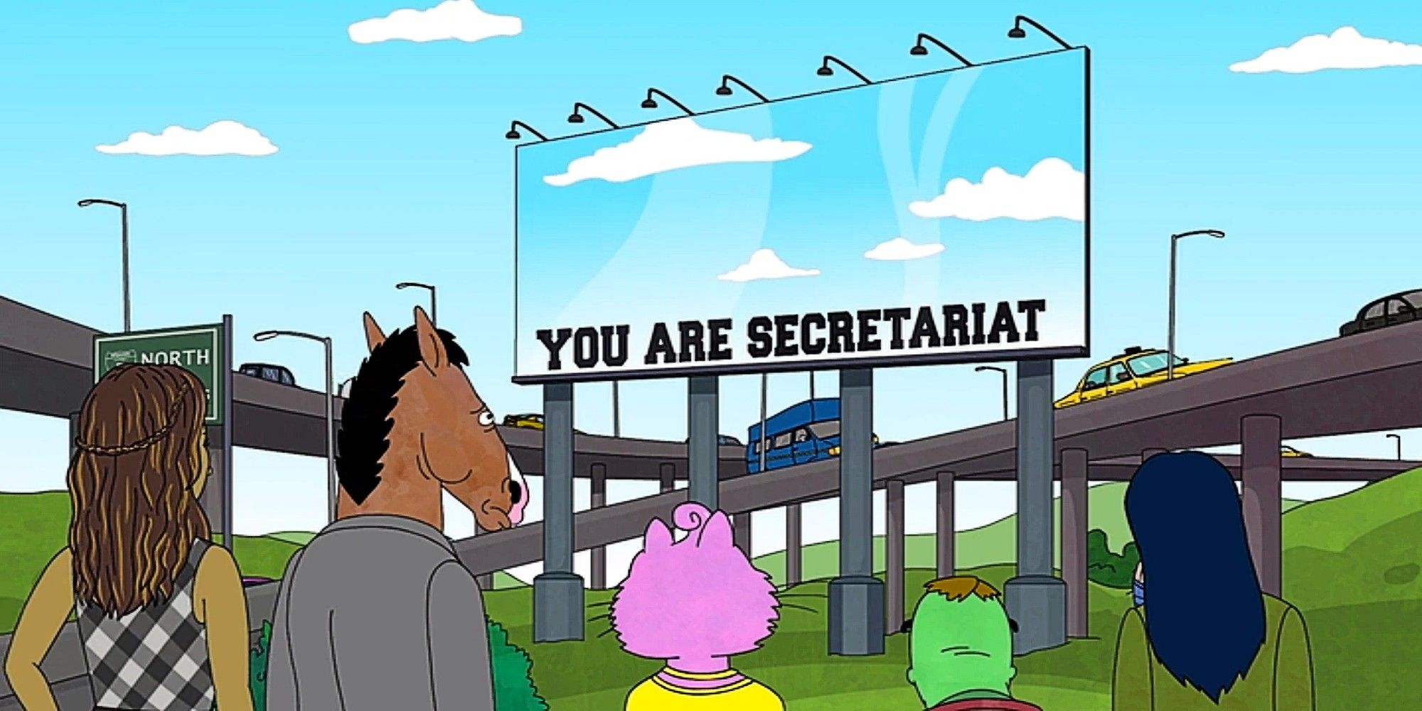 Ana, Bojack, Princess Carolyn, Lenny, and Diane's backs, as they stand facing a giant mirror bulletin board that reads "YOU ARE SECRETARIAT" on Bojack Horseman
