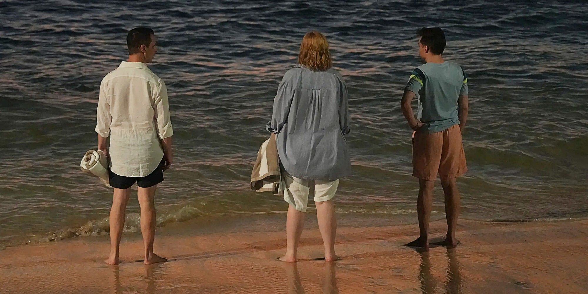 Kendall Roy, Shiv Roy, and Roman Roy on the beach in the Succession series finale