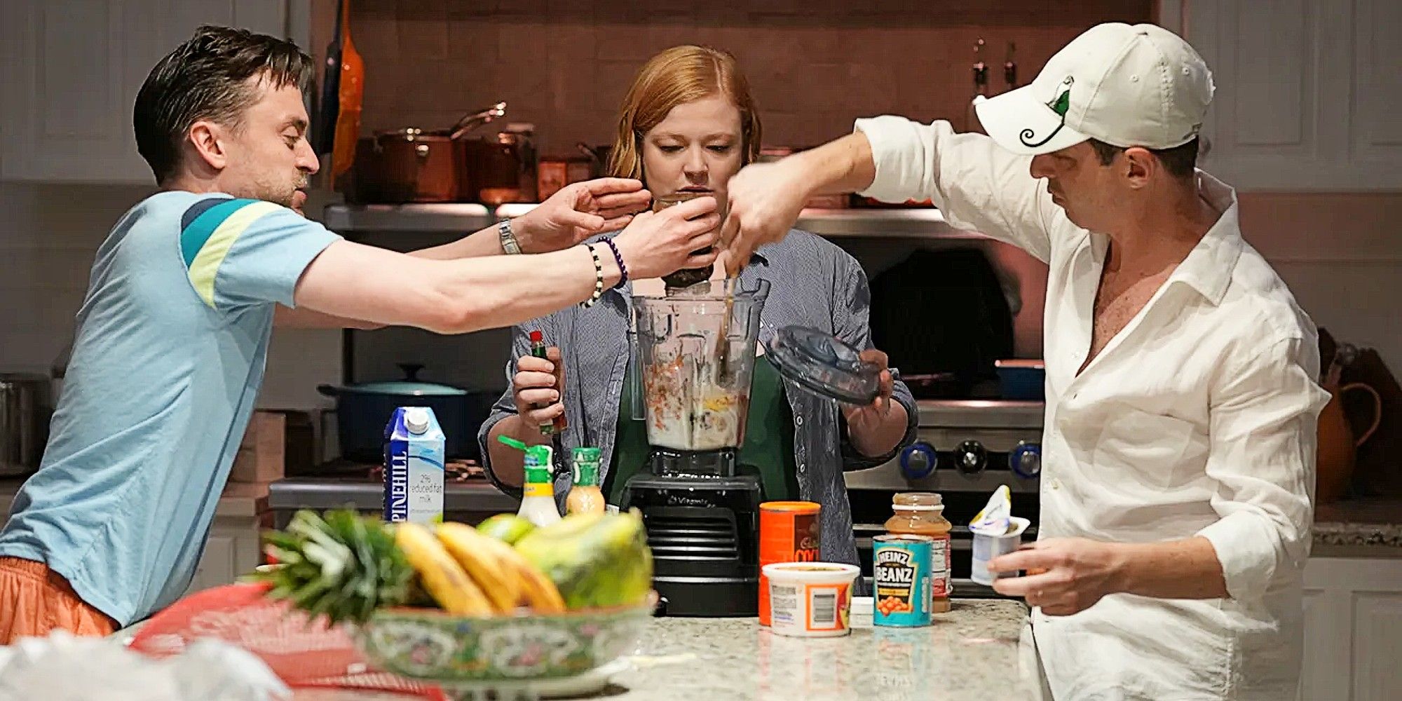 Roman (Kieran Culkin), Shiv (Sarah Snook) and Kendall Roy (Jeremy Strong) making a concoction in the blender in the Succession series finale