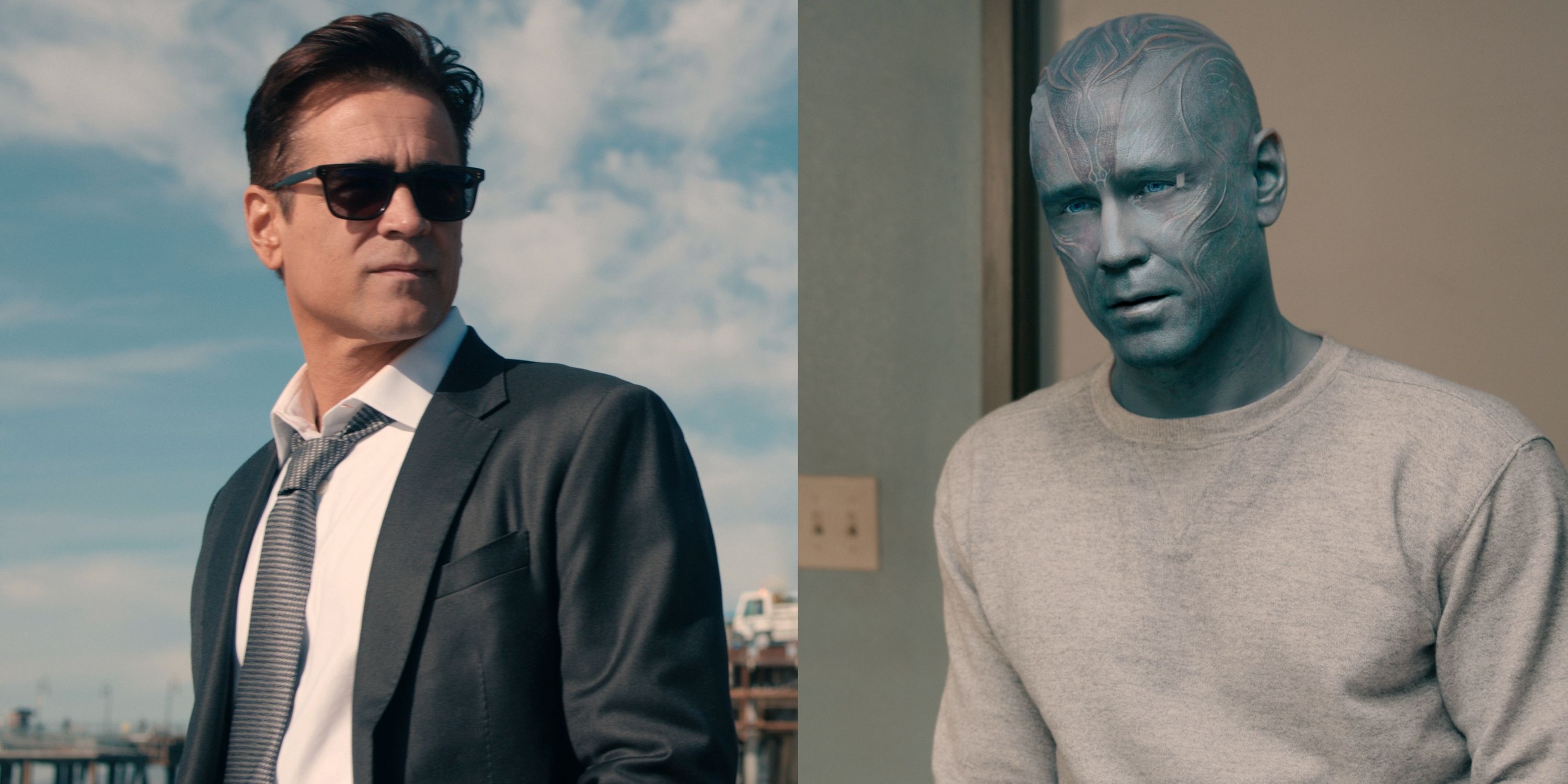 Colin Farrell with the two sides of John Sugar, human with sunglasses and blue alien, in Episode 6 of Sugar