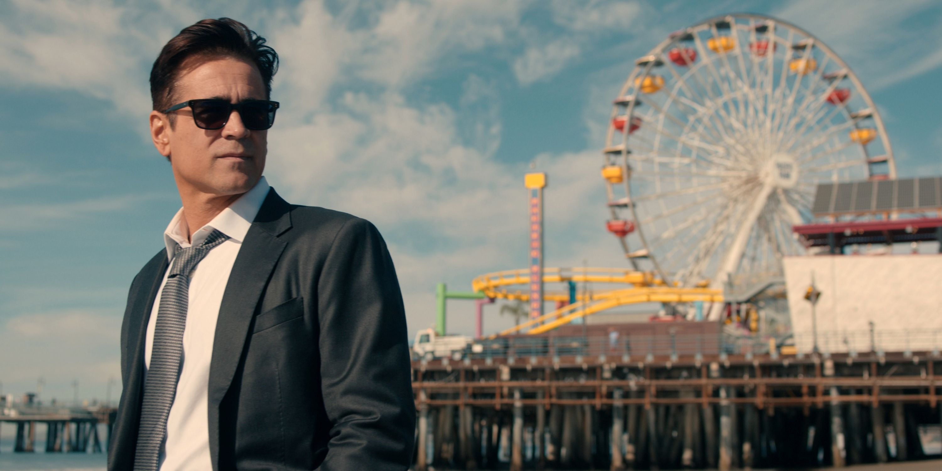 Colin Farrell as John Sugar next to the Santa Monica pier and Ferris wheel in Episode 8 of Season 1 of Sugar