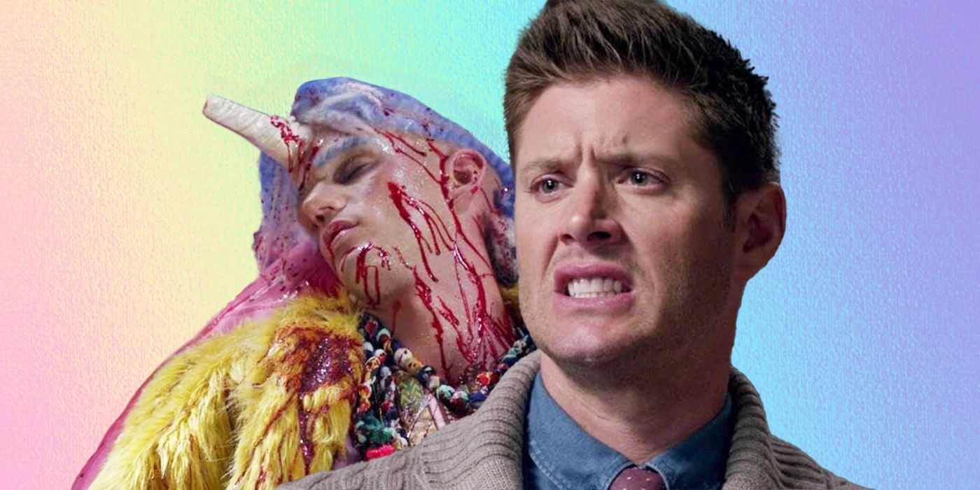 Jensen Ackles as Supernatural's Dean Winchester, grimacing next to an image of a dead, bloody unicorn man