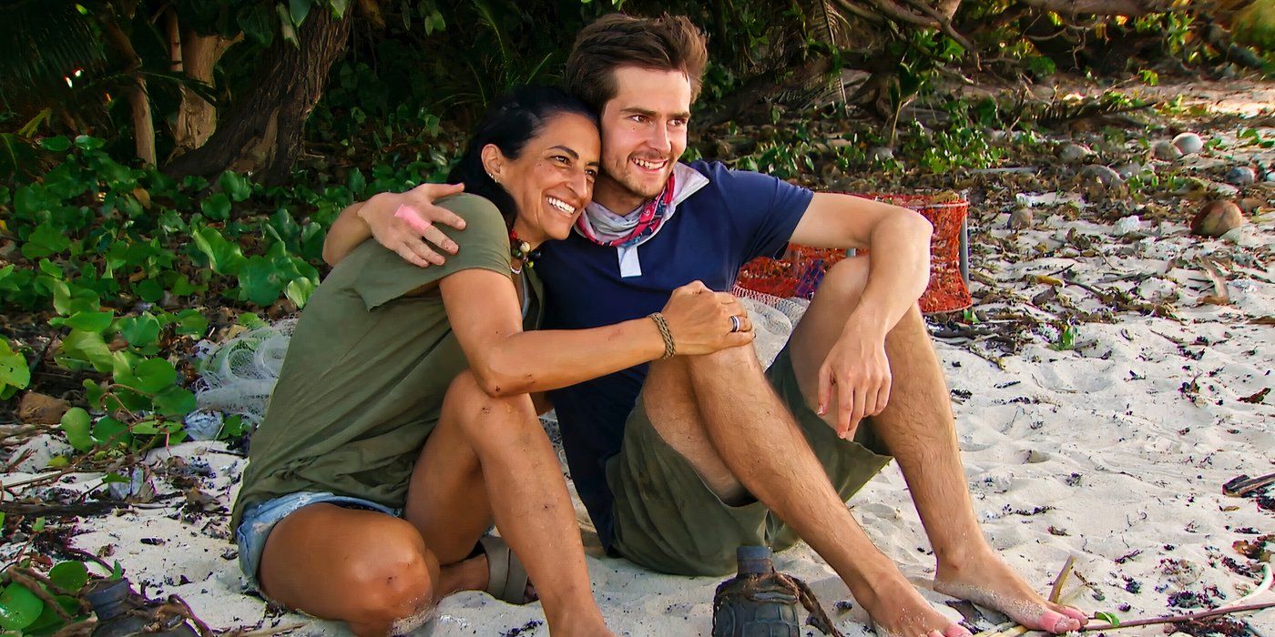Maria Shrime Gonzalez and Charlie Davis hug sitting on the 'Survivor 46' beach.