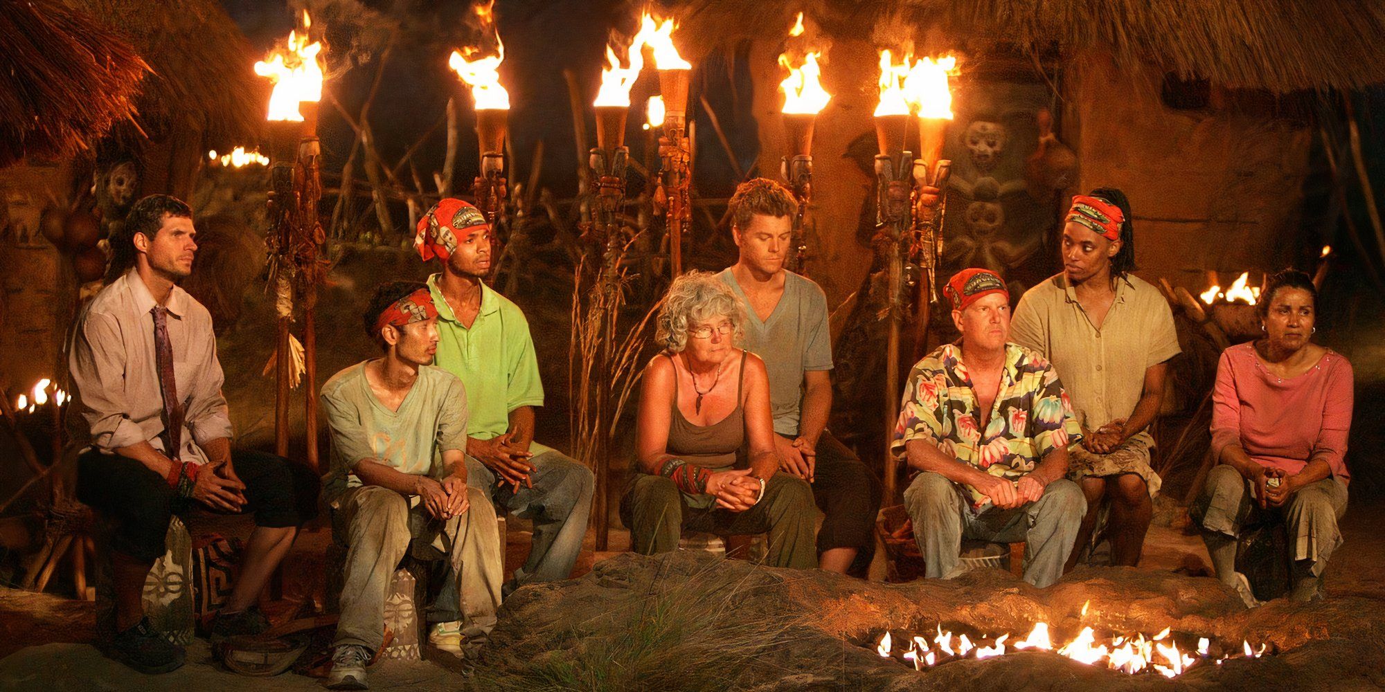 The Fang tribe at tribal council in Survivor: Gabon