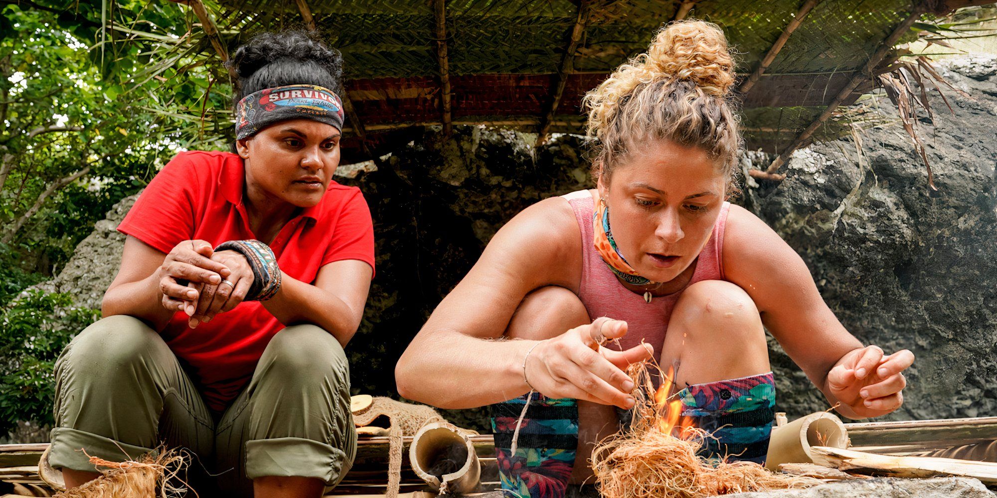 Sandra Diaz-Twine watching Elizabeth Beisel make a fire in Survivor: Island of the Idols