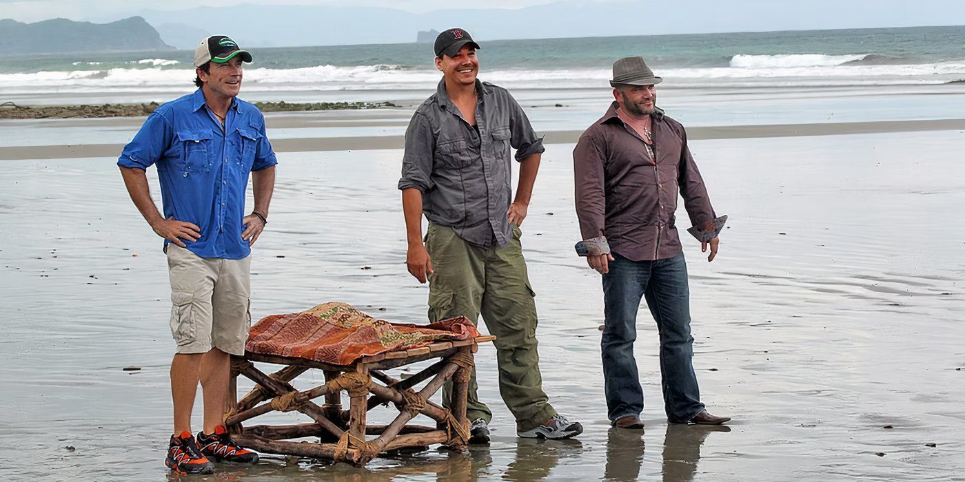 Jeff Probst, Rob Mariano, and Russell Hantz during the opening of Survivor: Redemption Island