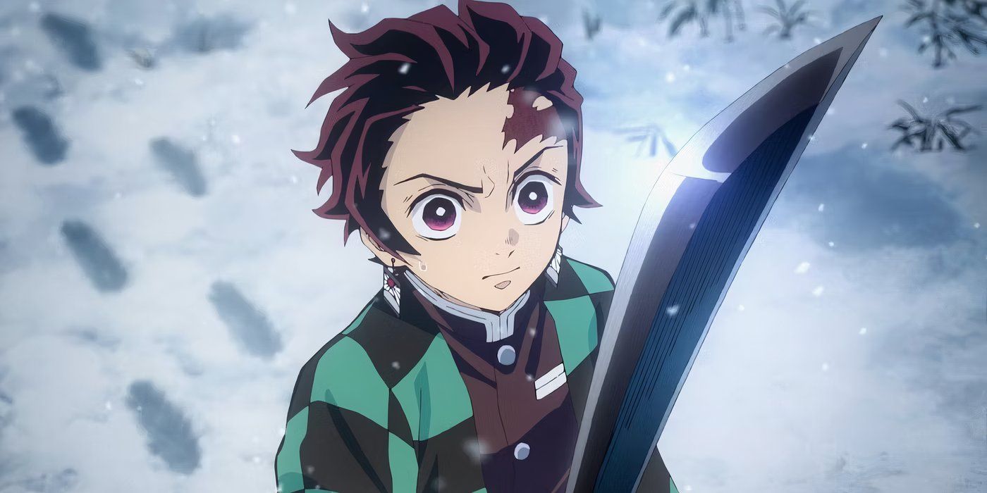 Tanjiro holding a black nichirin blade in the snow in Demon Slayer