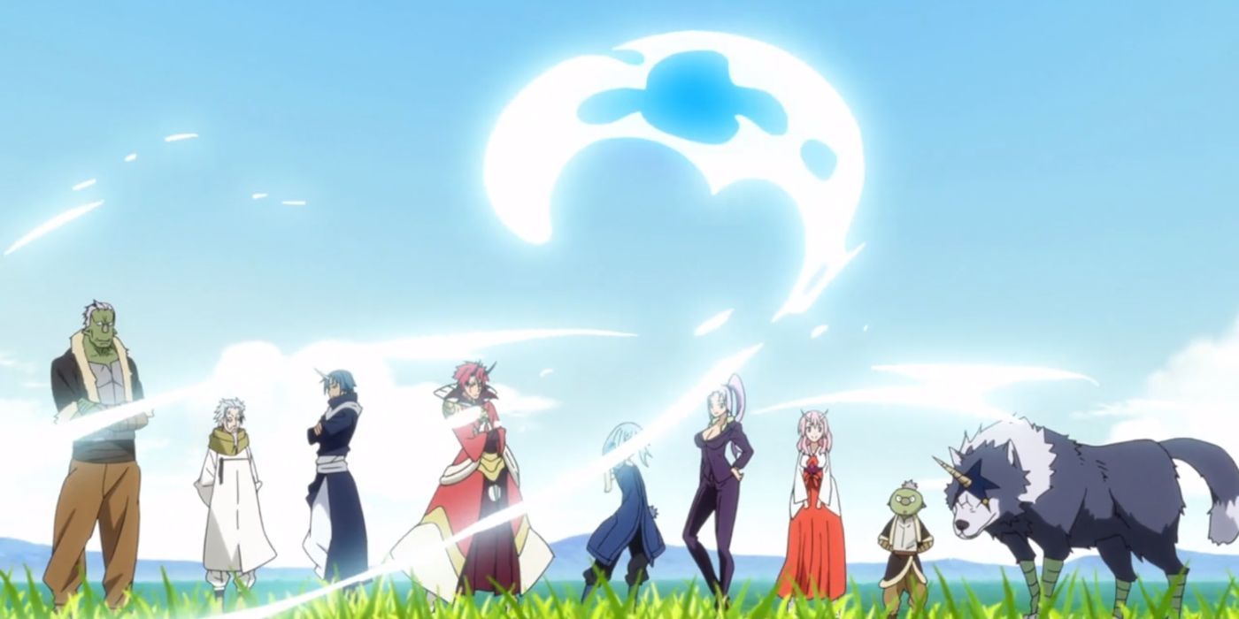 Characters from That Time I Got Reincarnated as a Slime walk in a field of grass.