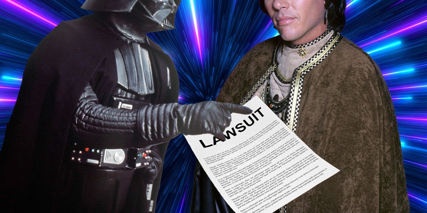 Darth Vader handing a lawsuit to Battlestar Galactica's Apollo