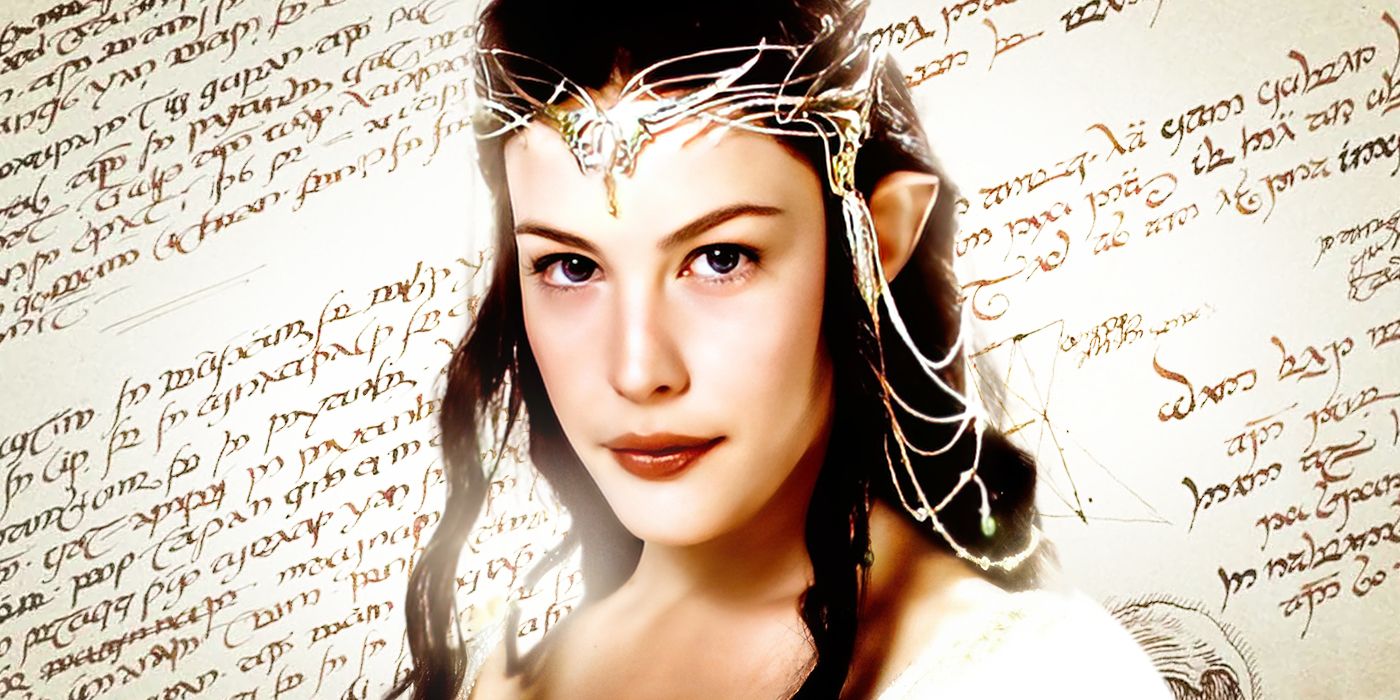 Blended image showing an elvish text and Liv Tyler as Arwen.