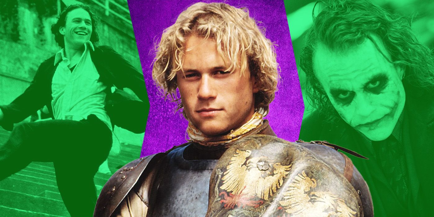 Blended image showing Heath Ledger in 10 Things I Hate About You, A Knight's Tale, and The Dark Knight