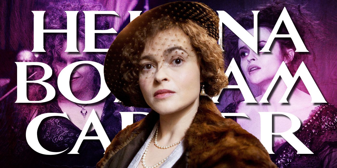 Blended image showing Helena Bonham Carter in different roles with her name in the background in large white letters.
