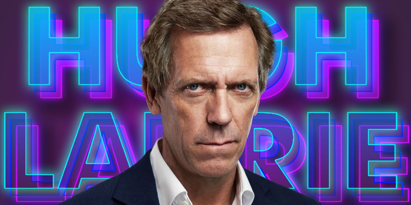 Blended image showing Hugh Laurie with his name in neon letters in the background