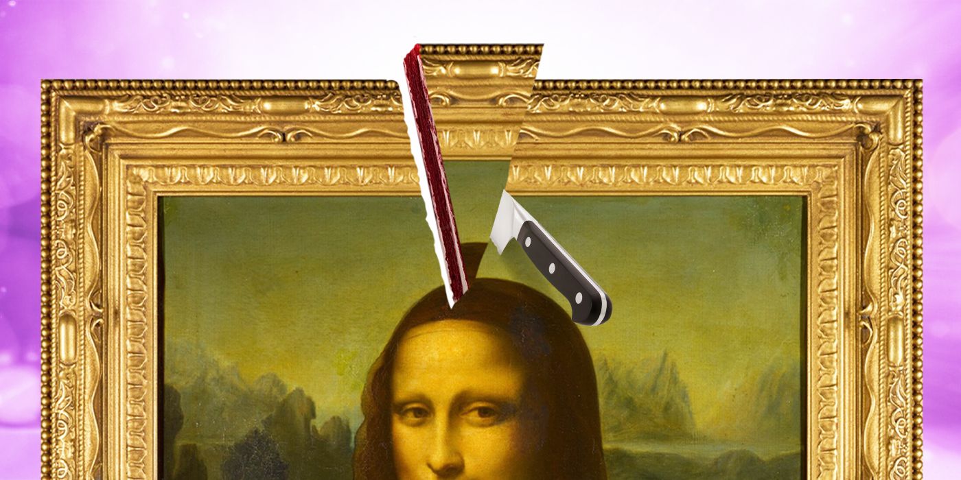 A cake slice is cut from the Mona Lisa against a pink background