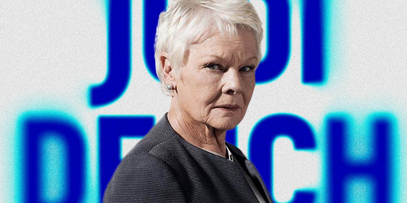 Blended image showing Judi Dench with her name in blue letters in the background.