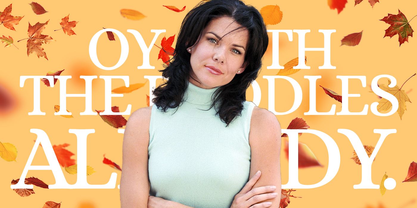 Blended image showing Lauren Graham as Lorelai Gilmore with a quote and autumn leaves on the background.