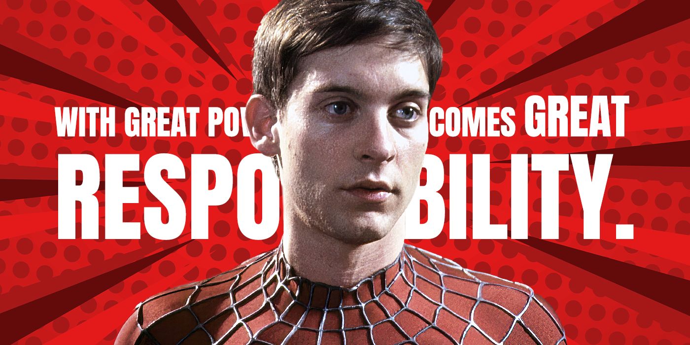 Blended image showing Tobie Maguire as Spider-Man and a quote in the background.