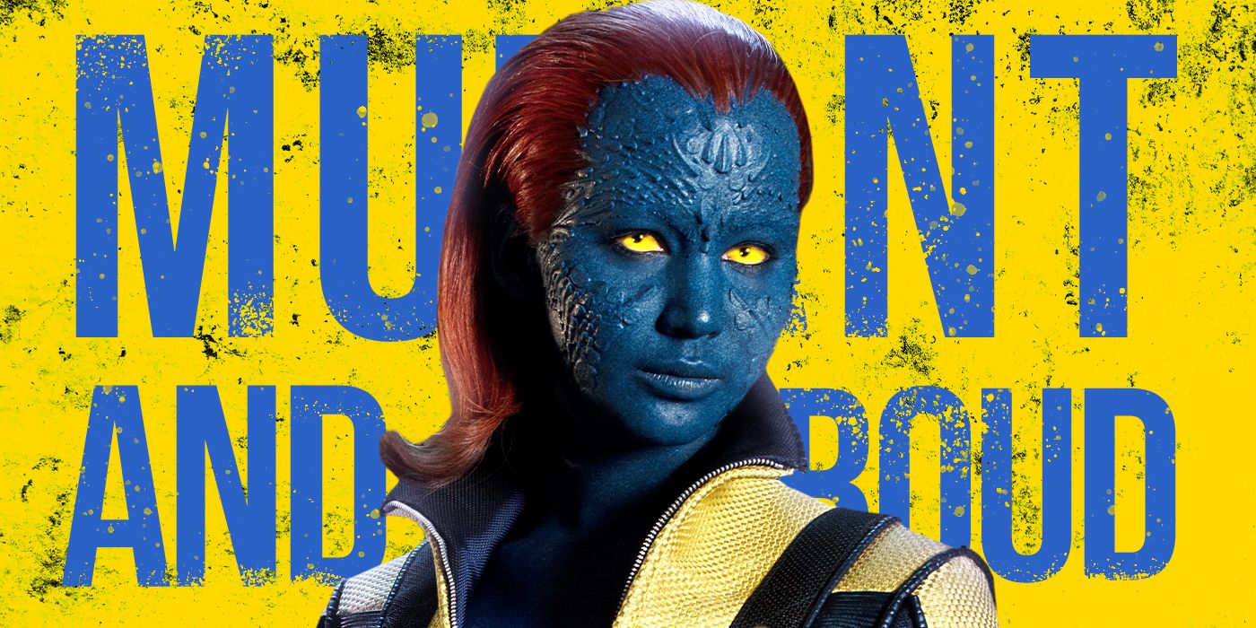 Blended image showing Mystique from X-Men and a quote behind her.